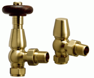 15mm Chelsea Brushed Brass Thermostatic Angled Radiator Valves