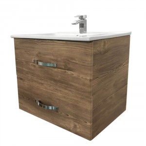 600mm Grey Oak Effect Minimalist 2 Drawer Bathroom Cabinet Organizer Vanity Sink Unit Storage Furniture