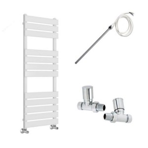 Juva 1200 x 500mm Electric Manual White Flat Panel Heated Towel Rail - Includes Straight Valves