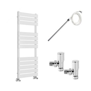 Juva 1200 x 500mm Electric Manual White Flat Panel Heated Towel Rail - Includes Angled Valves