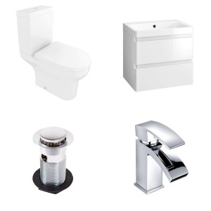 Calgary Close Coupled Toilet & 600mm Gloss White Wall Hung Vanity Unit - Includes Tap and Waste