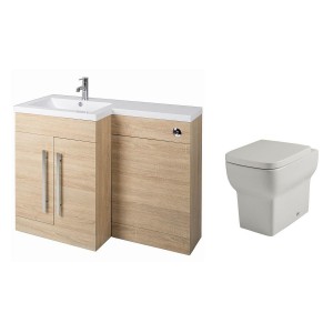Calm Oak Left Hand Combination Vanity Unit Basin L Shape with Back to Wall Kartell Korsika Toilet & Soft Close Seat & Concealed Cistern - 1100mm 