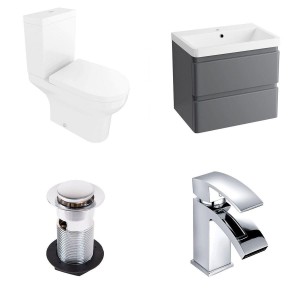Calgary Close Coupled Toilet & 600mm Gloss Grey Wall Hung Vanity Unit - Includes Tap and Waste